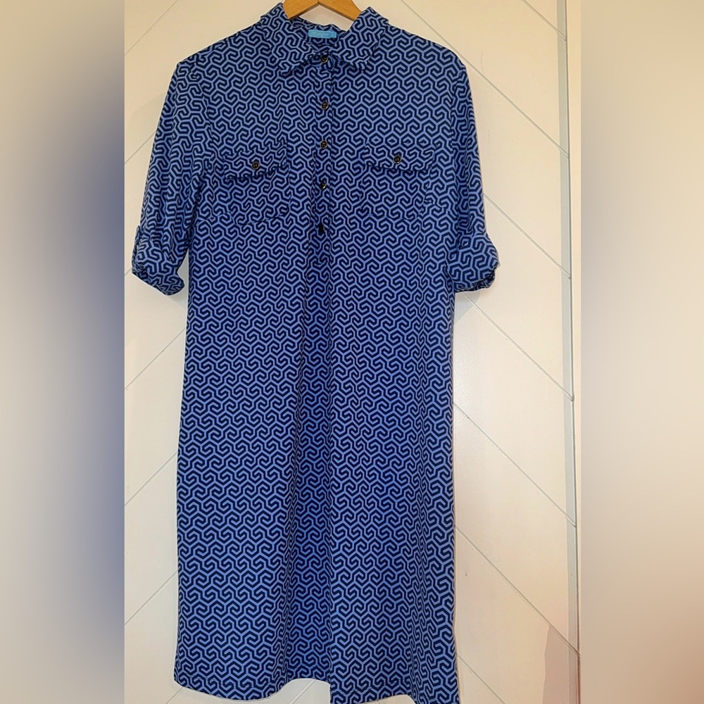 J. McLAUGHLIN Lawrence shirt Dress Blue Honeycomb Roll Tab Catalina Cloth Large - Picture 9 of 14